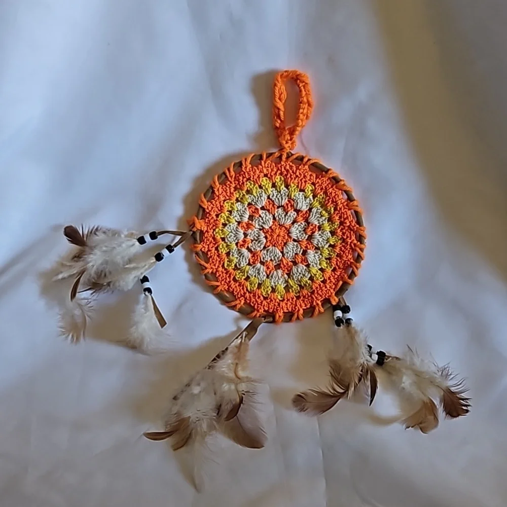 Hand Crafted Dreamcatcher Crochet orange handmade knit floral fall decor